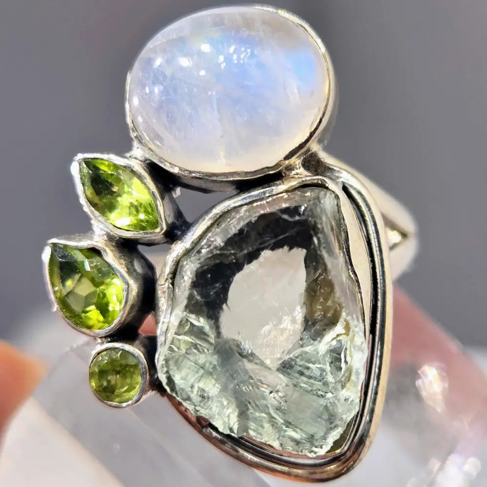 ?FResh Greens’ Sz 9 Ring - Peridot Moonstone Green Amethyst Sterling