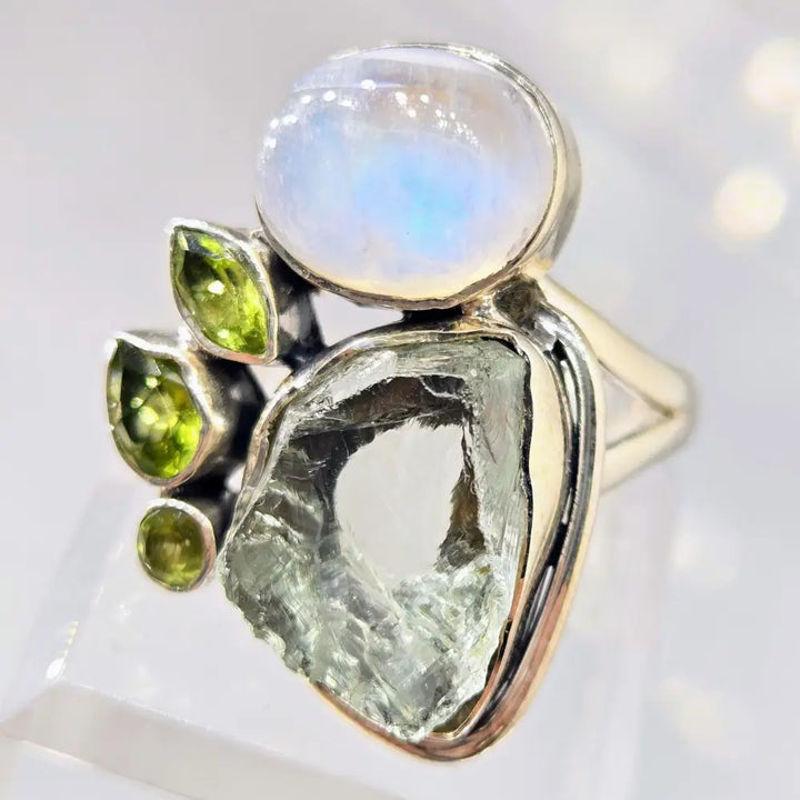 ?FResh Greens’ Sz 9 Ring - Peridot Moonstone Green Amethyst Sterling