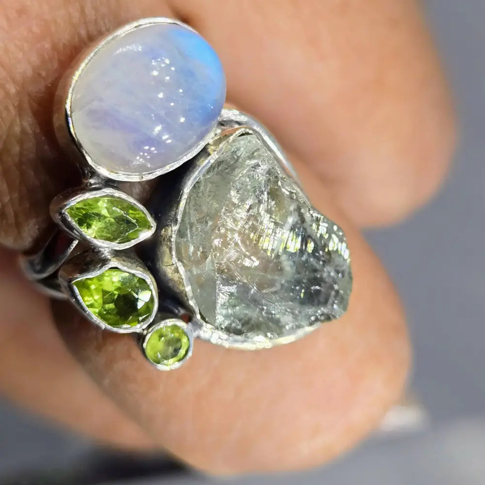 ?FResh Greens’ Sz 9 Ring - Peridot Moonstone Green Amethyst Sterling