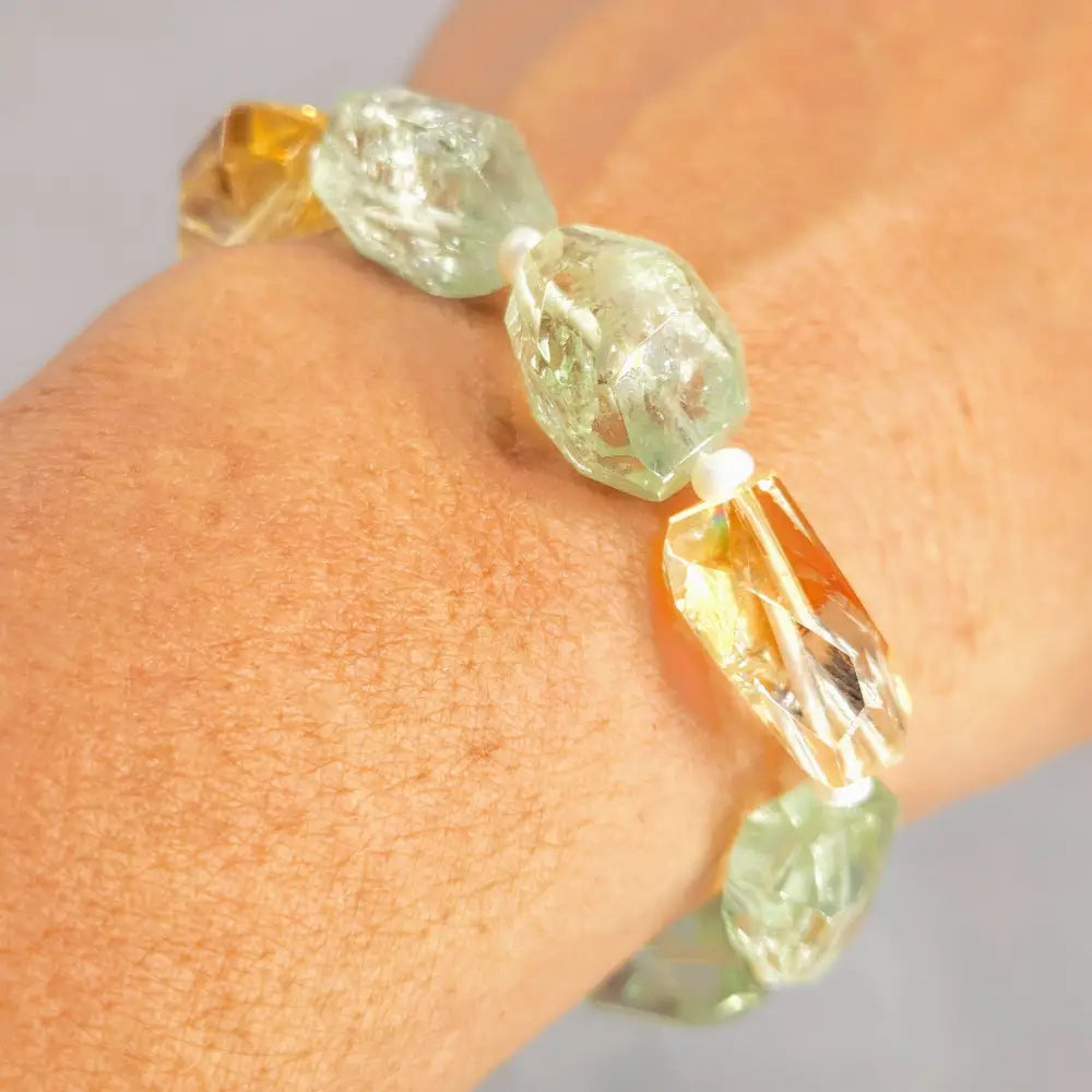 ?FResh Rocks’ 7’’ Bracelet - Prasiolite (green Amethyst) Citrine Pearls Anti-tarnish Sterling