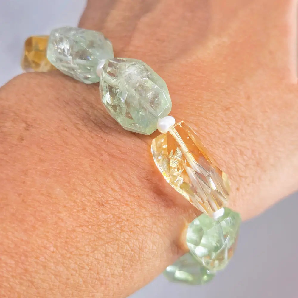 ?FResh Rocks’ 7’’ Bracelet - Prasiolite (green Amethyst) Citrine Pearls Anti-tarnish Sterling
