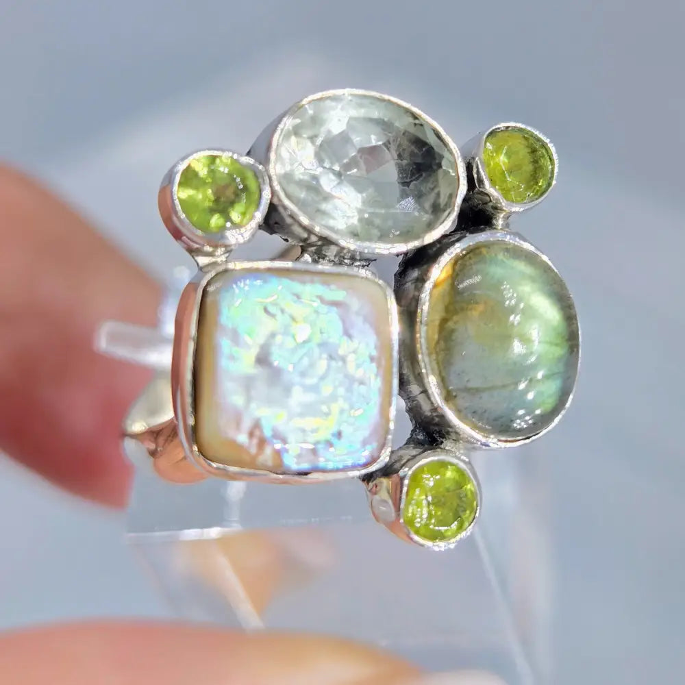 ?FRoggy Spice 2’’ Sz 8.25 Ring - Peridot Prasiolite Pearl Labradorite Sterling