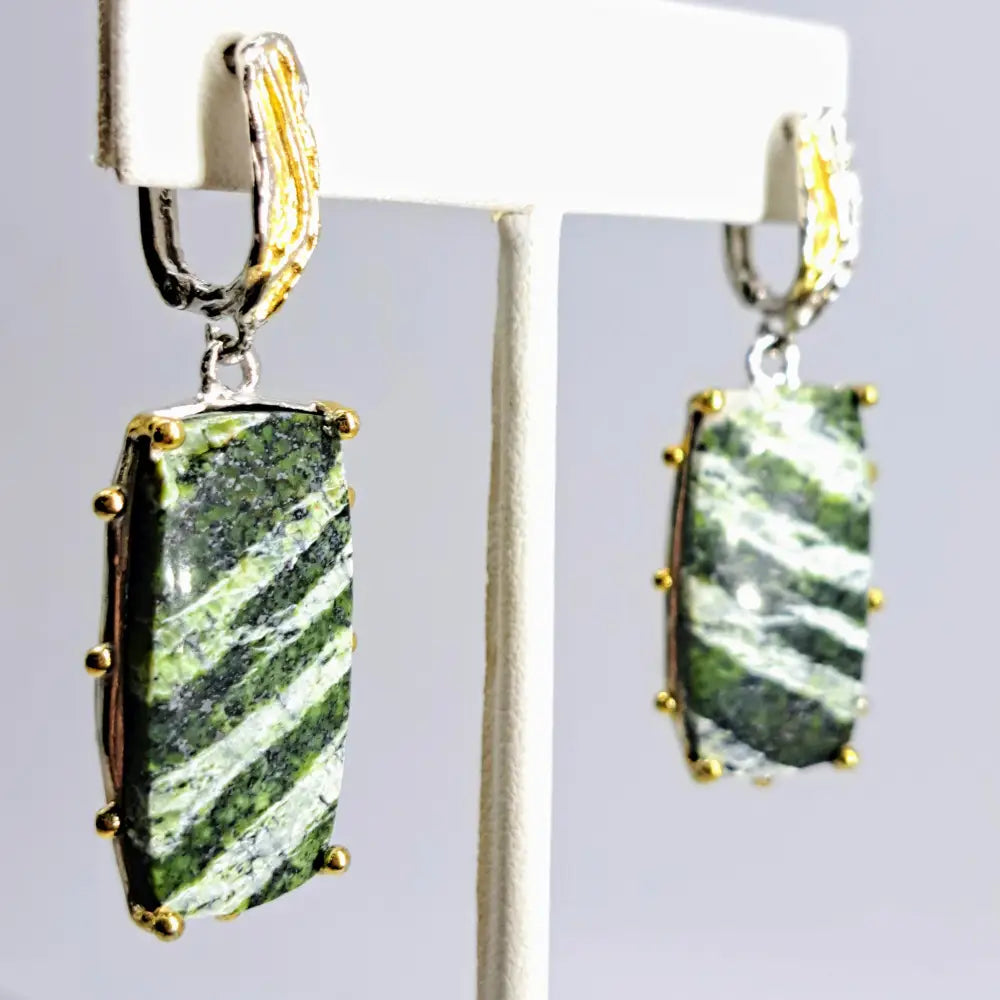?FRuit-striped Fabulous!’ 2’’ Earrings - Green Zebra Jasper Anti-tarnish Sterling 18k Gold
