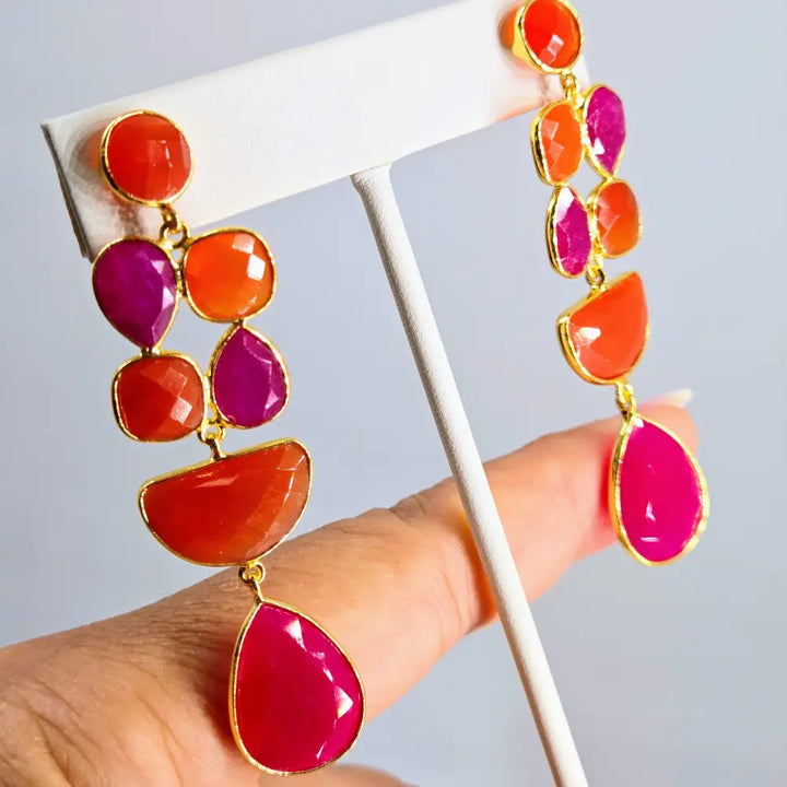 ?FRuity Pebbles’ 2.75’’ Earrings - Carnelian Pink Quartz 18k Gold Jeweler’s Brass