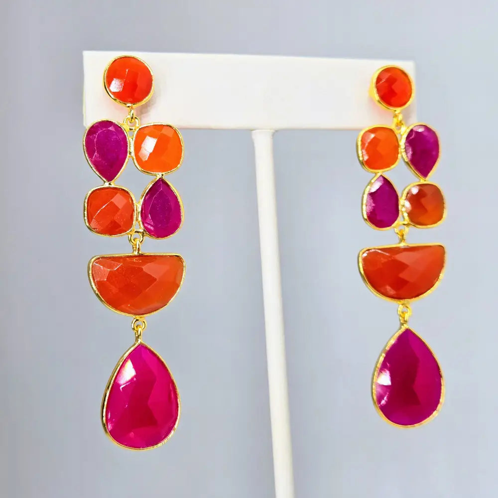 ?FRuity Pebbles’ 2.75’’ Earrings - Carnelian Pink Quartz 18k Gold Jeweler’s Brass