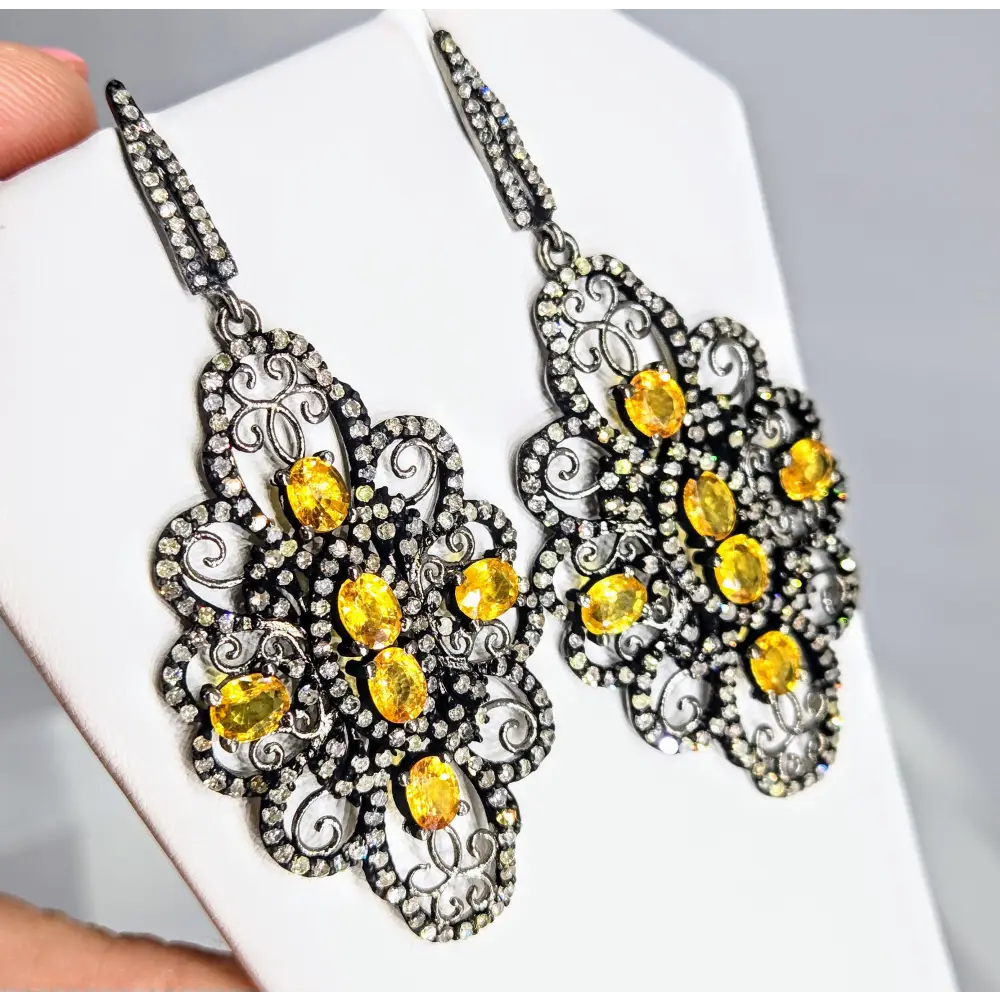 Garden Gates 2.75’’ Earrings Post Dangle Golden Sapphire Diamonds Black Sterling