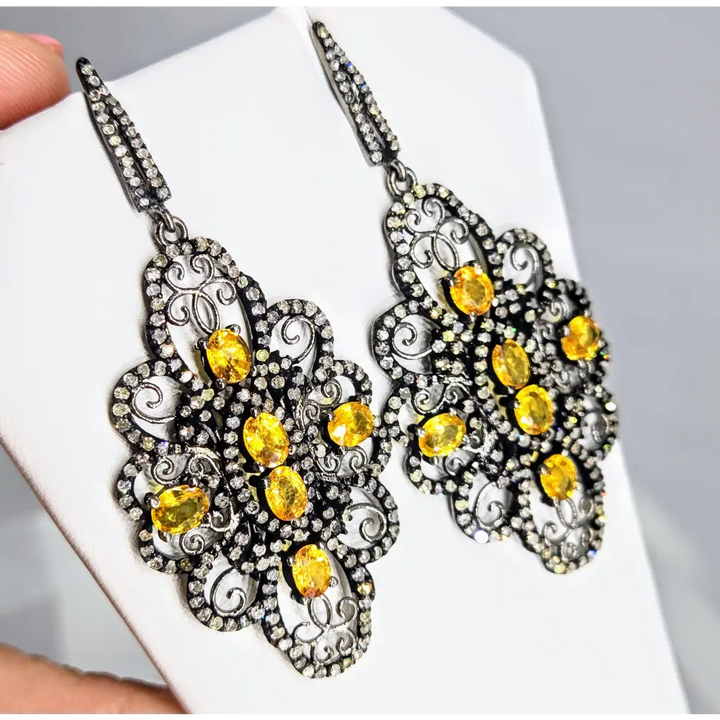 Garden Gates 2.75’’ Earrings Post Dangle Golden Sapphire Diamonds Black Sterling