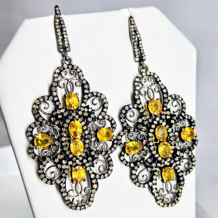 Garden Gates 2.75’’ Earrings Post Dangle Golden Sapphire Diamonds Black Sterling