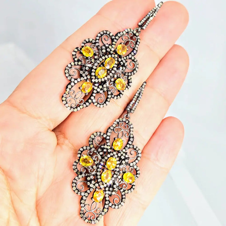 Garden Gates 2.75’’ Earrings Post Dangle Golden Sapphire Diamonds Black Sterling