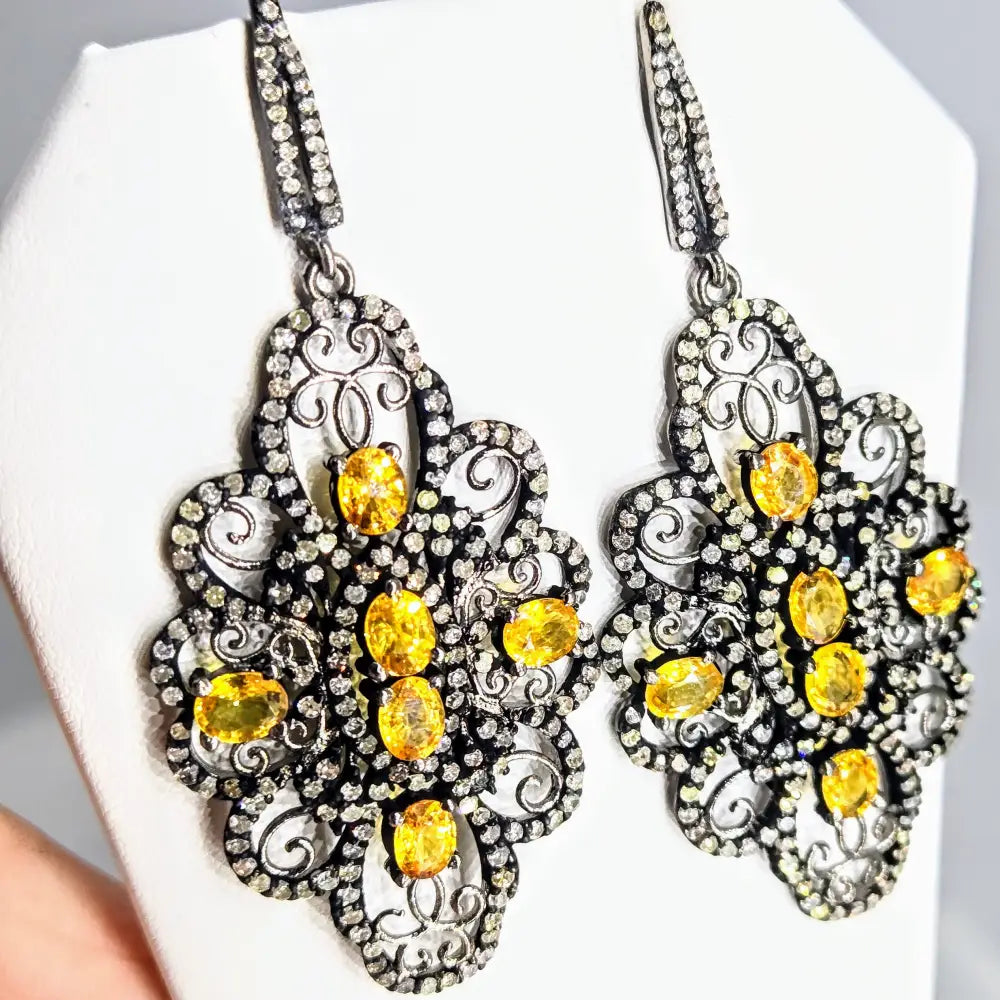 Garden Gates 2.75’’ Earrings Post Dangle Golden Sapphire Diamonds Black Sterling