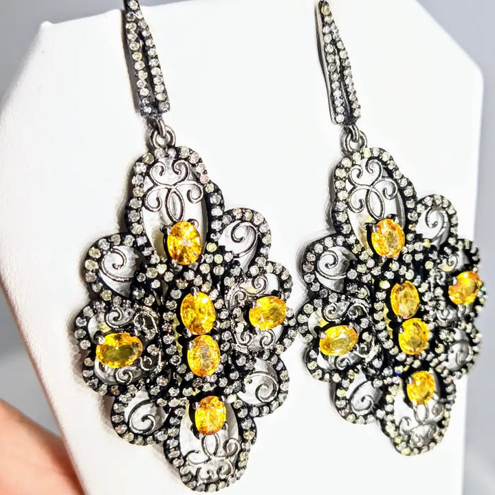 Garden Gates 2.75’’ Earrings Post Dangle Golden Sapphire Diamonds Black Sterling