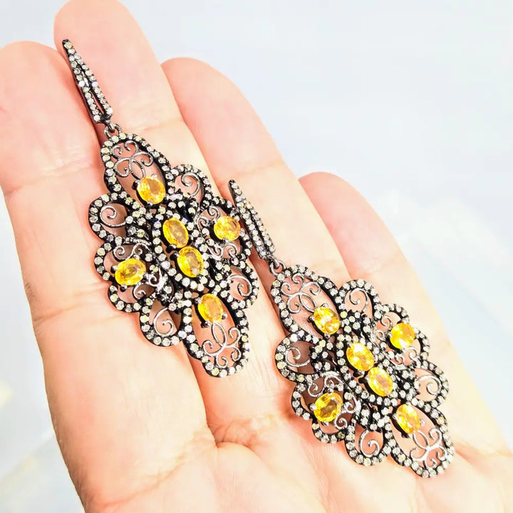Garden Gates 2.75’’ Earrings Post Dangle Golden Sapphire Diamonds Black Sterling