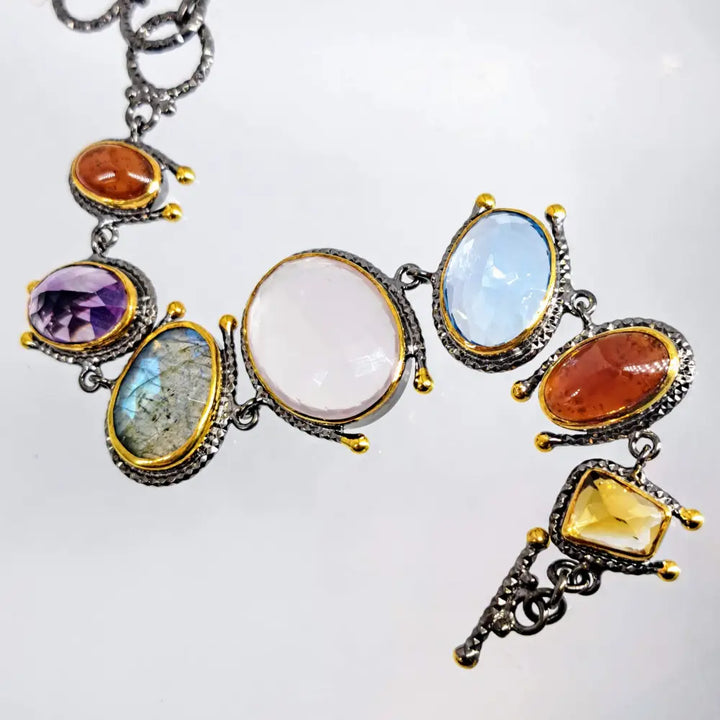 ?GArdening at Night’ 6.5’’ to 7.5’’ Bracelet - Citrine Carnelian Labradorite,topaz Chalcedony Amethyst Black Sterling