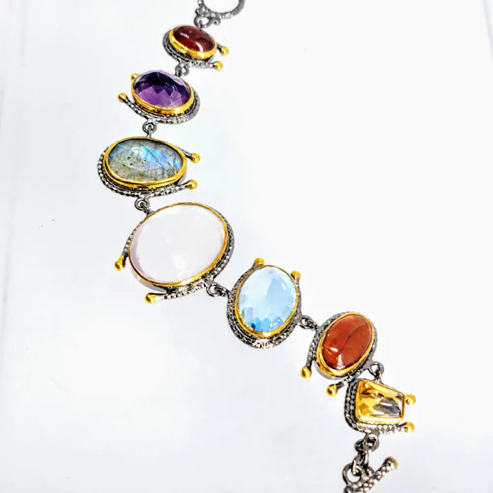 ?GArdening at Night’ 6.5’’ to 7.5’’ Bracelet - Citrine Carnelian Labradorite,topaz Chalcedony Amethyst Black Sterling