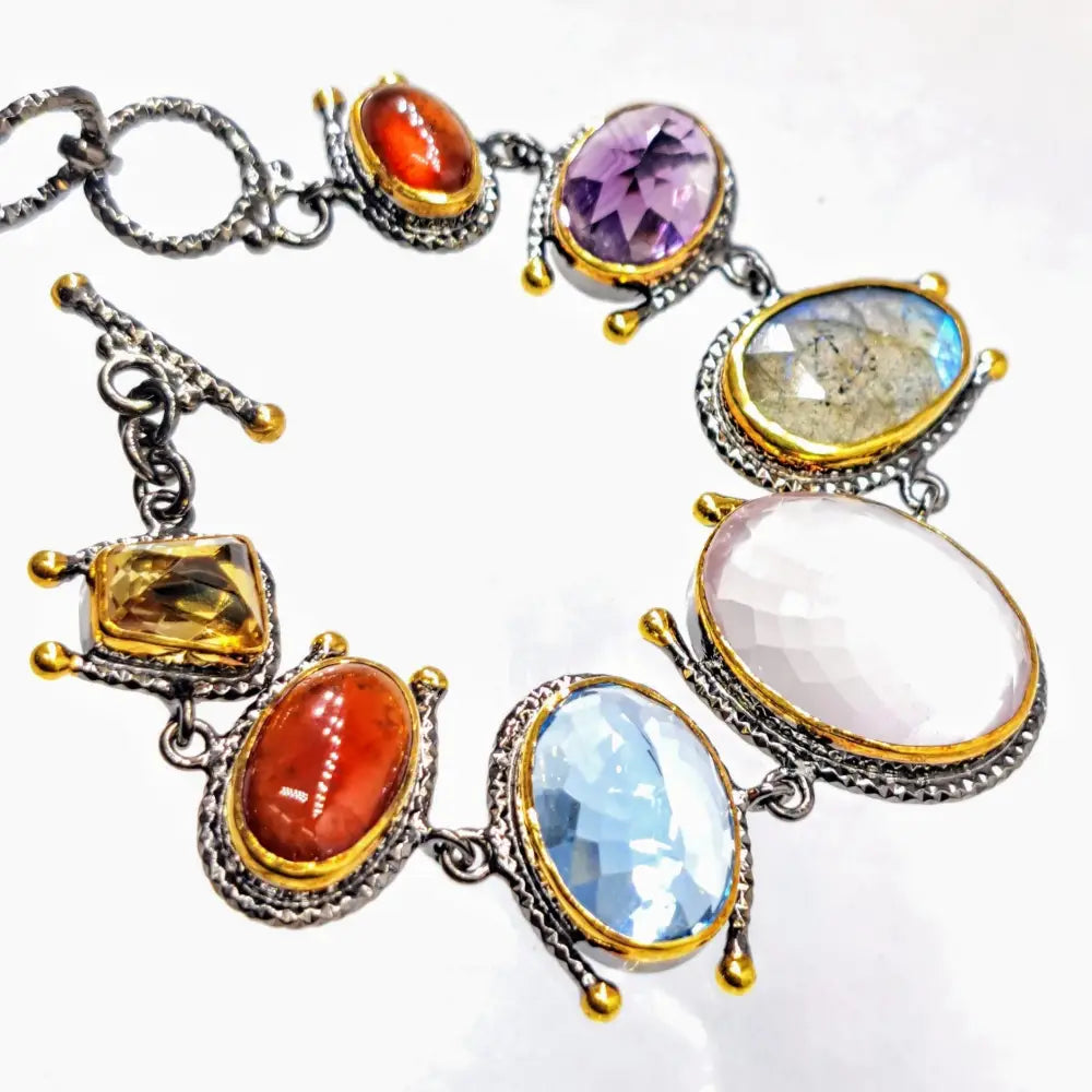 ?GArdening at Night’ 6.5’’ to 7.5’’ Bracelet - Citrine Carnelian Labradorite,topaz Chalcedony Amethyst Black Sterling