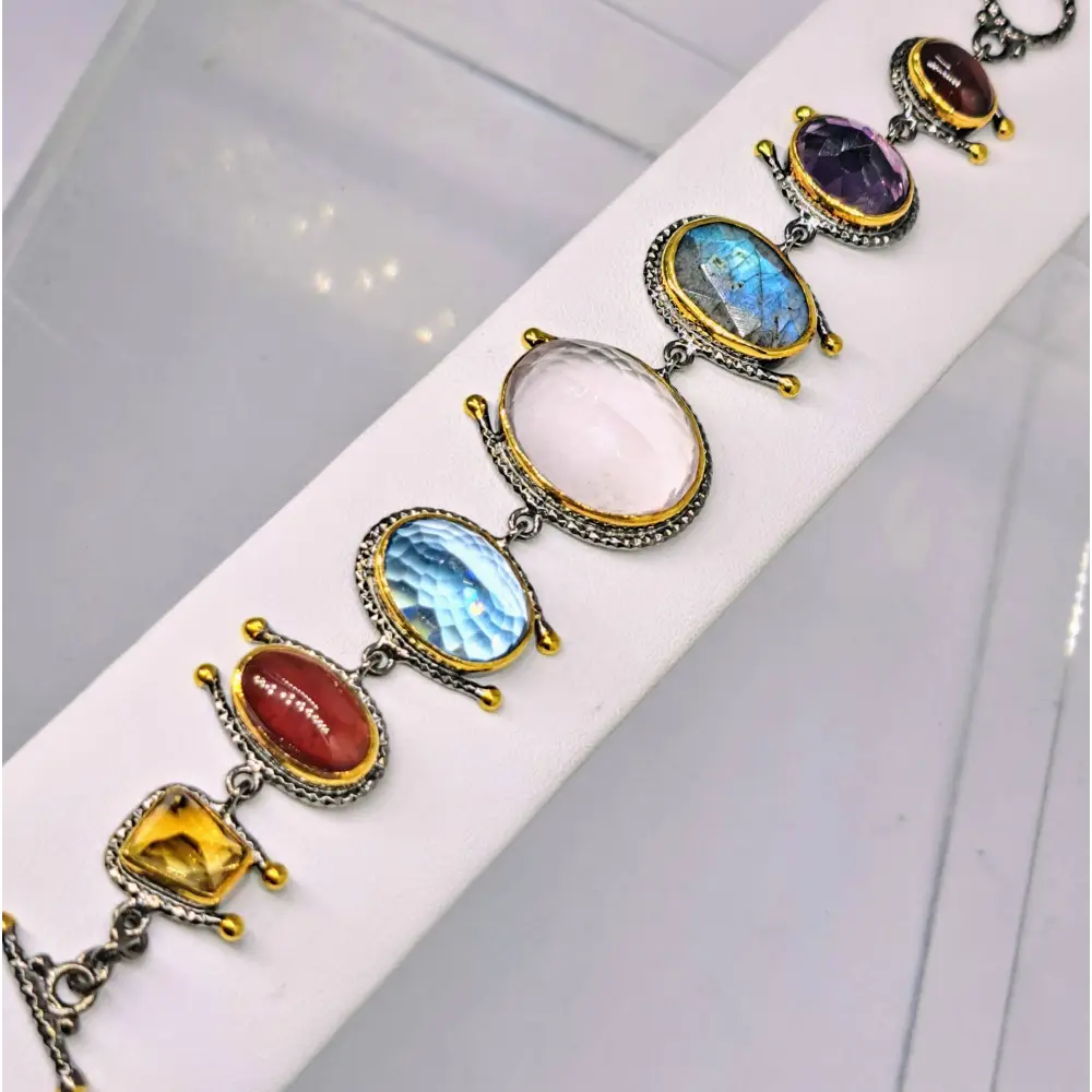 ?GArdening at Night’ 6.5’’ to 7.5’’ Bracelet - Citrine Carnelian Labradorite,topaz Chalcedony Amethyst Black Sterling