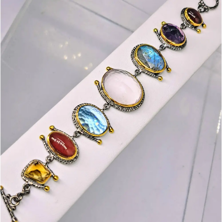 ?GArdening at Night’ 6.5’’ to 7.5’’ Bracelet - Citrine Carnelian Labradorite,topaz Chalcedony Amethyst Black Sterling