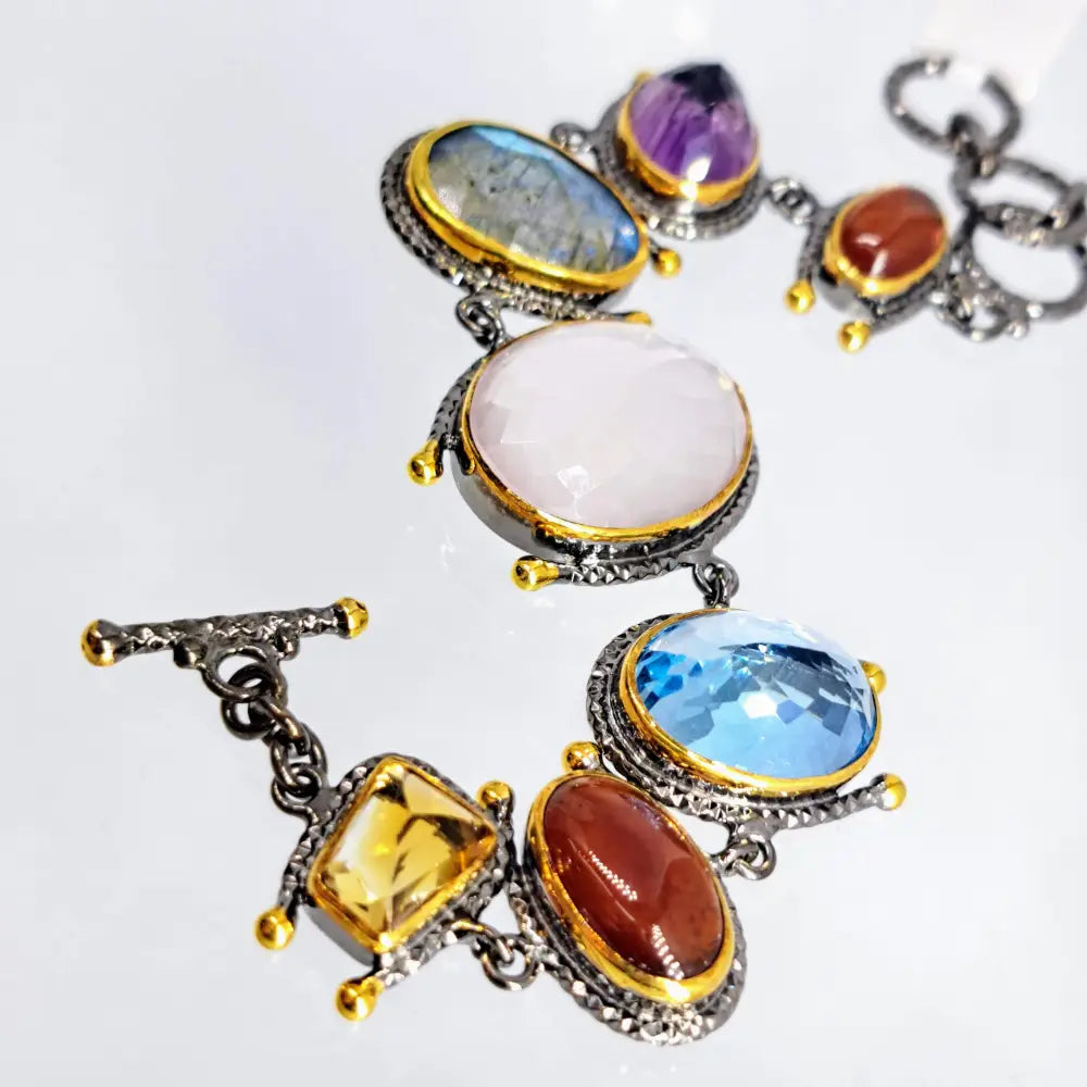 ?GArdening at Night’ 6.5’’ to 7.5’’ Bracelet - Citrine Carnelian Labradorite,topaz Chalcedony Amethyst Black Sterling