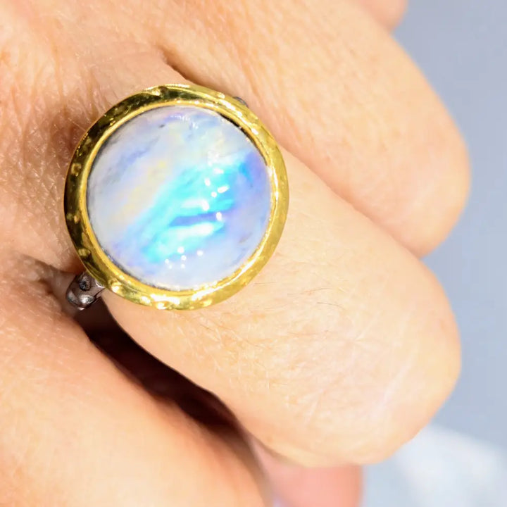 ?GAzing Ball’ Sz 8.5 Ring - Moonstone Black Sterling 18k Gold