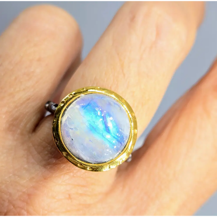 ?GAzing Ball’ Sz 8.5 Ring - Moonstone Black Sterling 18k Gold