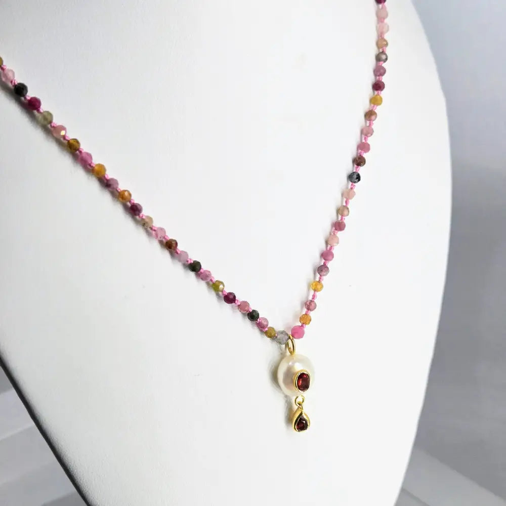 ?GEm Berry Candy #1’’ 18’’-20’’ Necklace - Tourmaline Pearl & Garnet Gold Sterling Findings