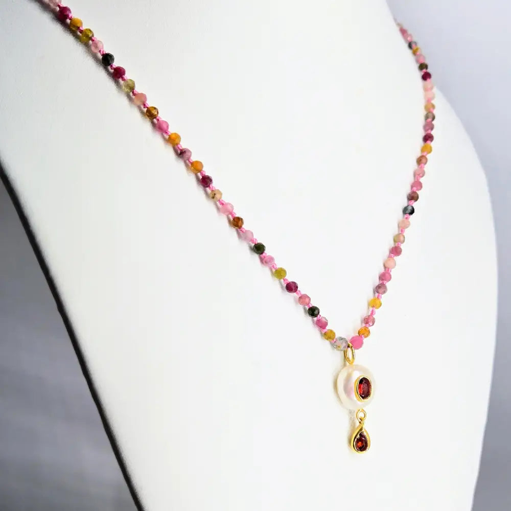 ?GEm Berry Candy #1’’ 18’’-20’’ Necklace - Tourmaline Pearl & Garnet Gold Sterling Findings