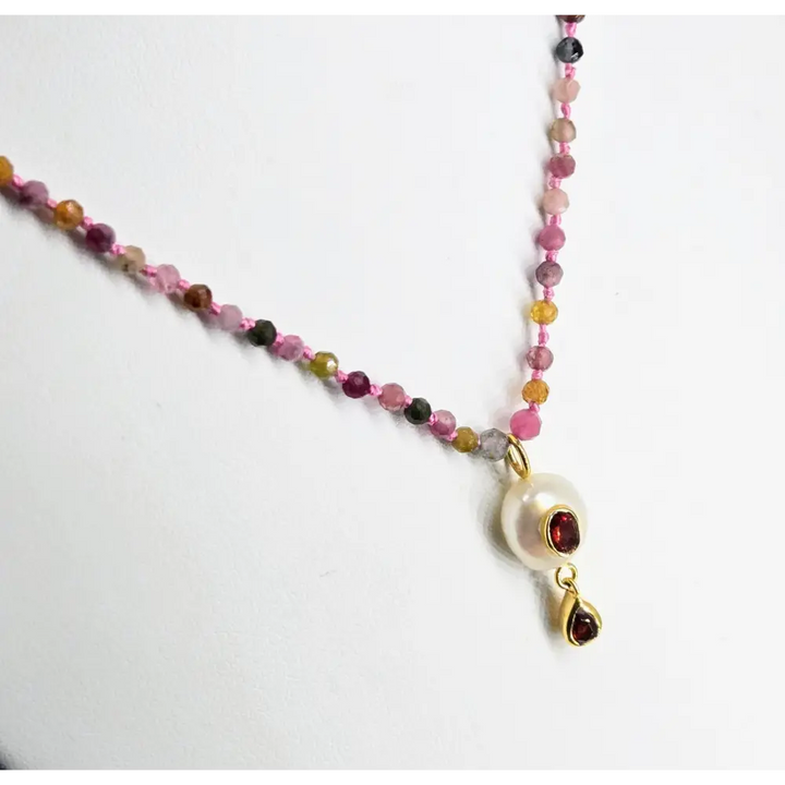 ?GEm Berry Candy #1’’ 18’’-20’’ Necklace - Tourmaline Pearl & Garnet Gold Sterling Findings