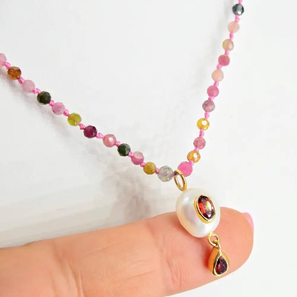 ?GEm Berry Candy #1’’ 18’’-20’’ Necklace - Tourmaline Pearl & Garnet Gold Sterling Findings