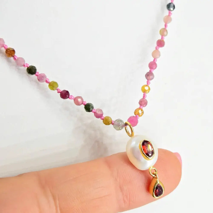 ?GEm Berry Candy #1’’ 18’’-20’’ Necklace - Tourmaline Pearl & Garnet Gold Sterling Findings