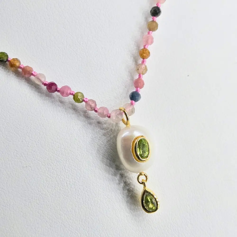 ?GEm Berry Candy #2’’ 18’’-20’’ Necklace - Tourmaline Pearl & Peridot Gold Sterling Findings