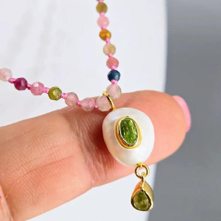 ?GEm Berry Candy #2’’ 18’’-20’’ Necklace - Tourmaline Pearl & Peridot Gold Sterling Findings