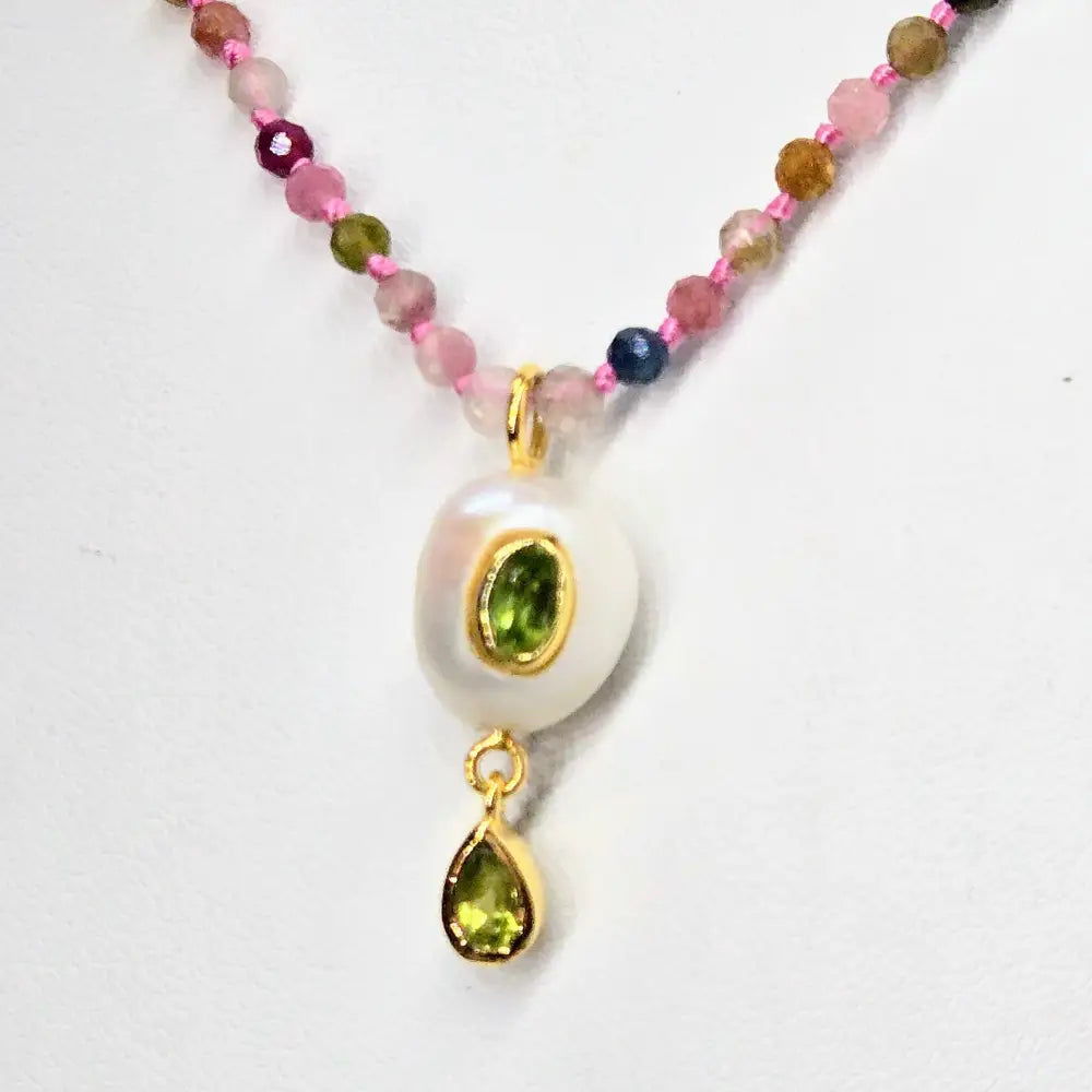 ?GEm Berry Candy #2’’ 18’’-20’’ Necklace - Tourmaline Pearl & Peridot Gold Sterling Findings