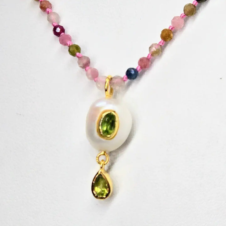 ?GEm Berry Candy #2’’ 18’’-20’’ Necklace - Tourmaline Pearl & Peridot Gold Sterling Findings