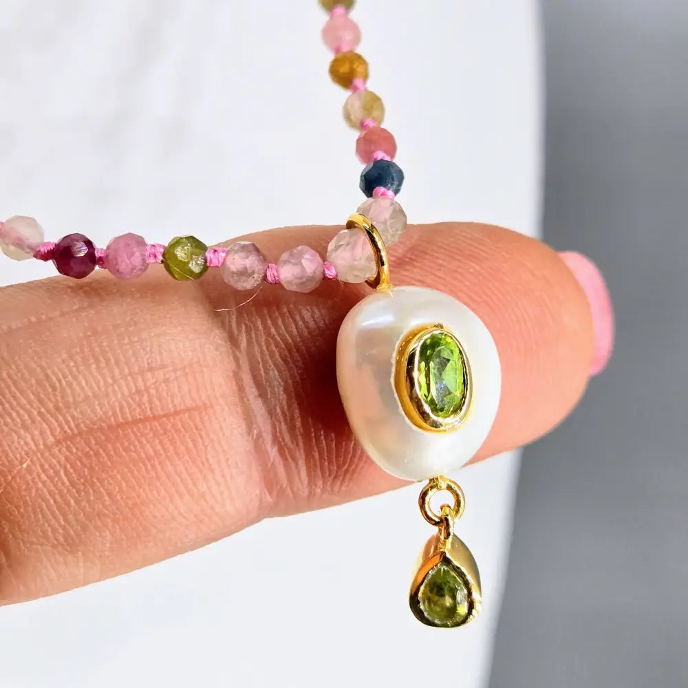 ?GEm Berry Candy #2’’ 18’’-20’’ Necklace - Tourmaline Pearl & Peridot Gold Sterling Findings