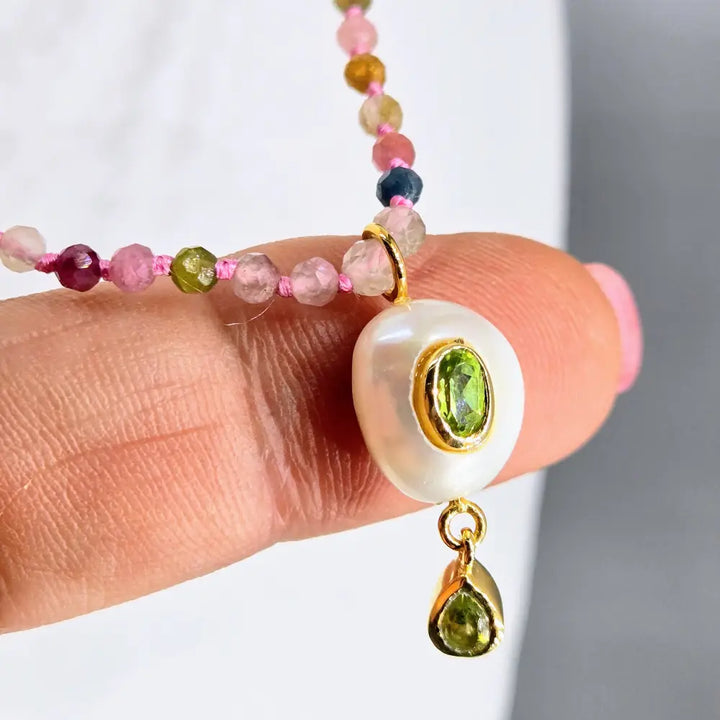 ?GEm Berry Candy #2’’ 18’’-20’’ Necklace - Tourmaline Pearl & Peridot Gold Sterling Findings