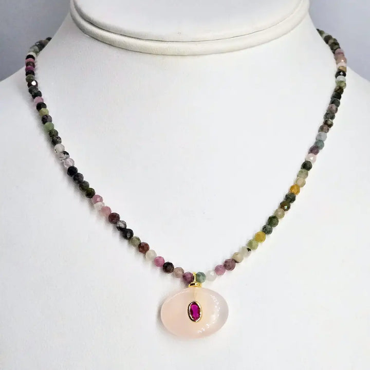?GEm-berry Candy Necklace #31’’ 16’’ - 18’’ Pendant - Rose Quartz Ruby Tourmaline Sterling