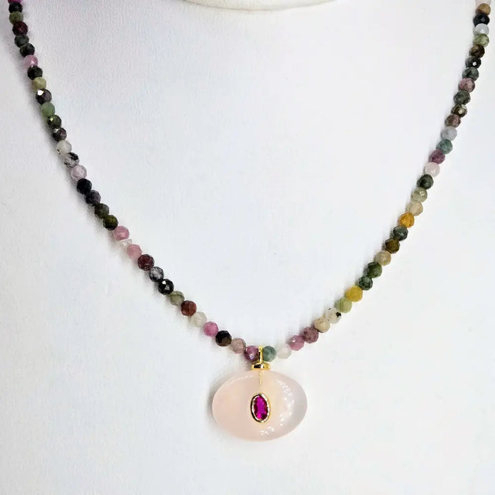?GEm-berry Candy Necklace #31’’ 16’’ - 18’’ Pendant - Rose Quartz Ruby Tourmaline Sterling