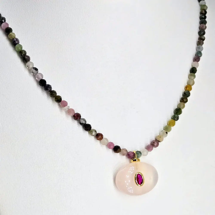 ?GEm-berry Candy Necklace #31’’ 16’’ - 18’’ Pendant - Rose Quartz Ruby Tourmaline Sterling