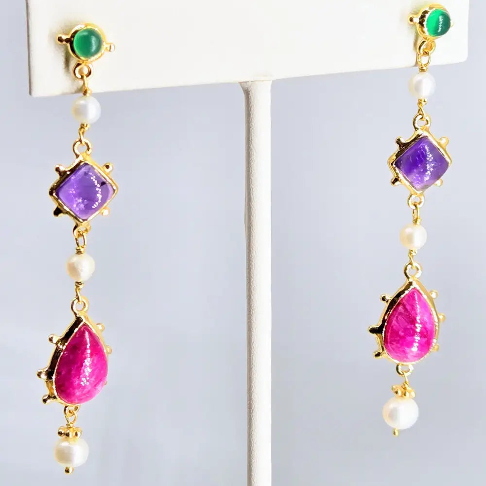 ?GEm Candy’ 2.75’’ Earrings - Emerald Pearl Amethyst Ruby 18k Gold Sterling