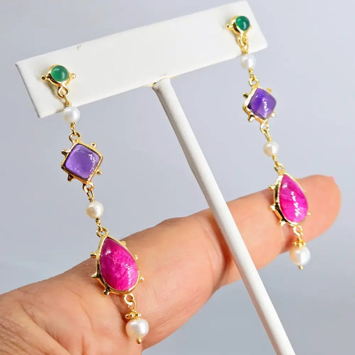 ?GEm Candy’ 2.75’’ Earrings - Emerald Pearl Amethyst Ruby 18k Gold Sterling