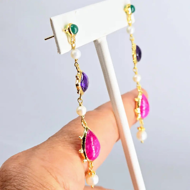 ?GEm Candy’ 2.75’’ Earrings - Emerald Pearl Amethyst Ruby 18k Gold Sterling