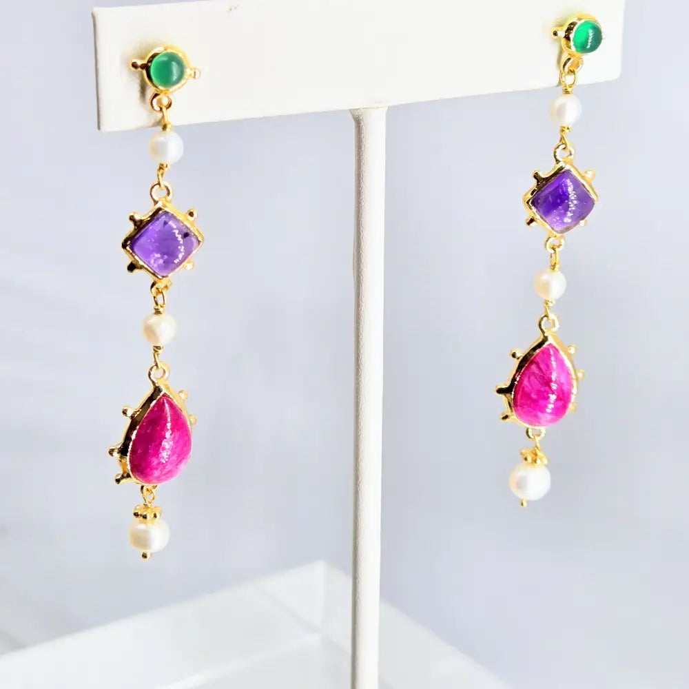 ?GEm Candy’ 2.75’’ Earrings - Emerald Pearl Amethyst Ruby 18k Gold Sterling