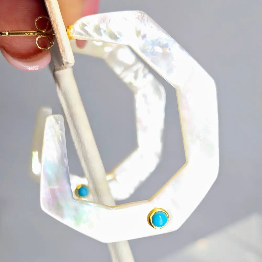 ?GEo Hoops’ 1.75’’ Earrings - Tahitian Mother of Pearl Turquoise 18k Gold Sterling
