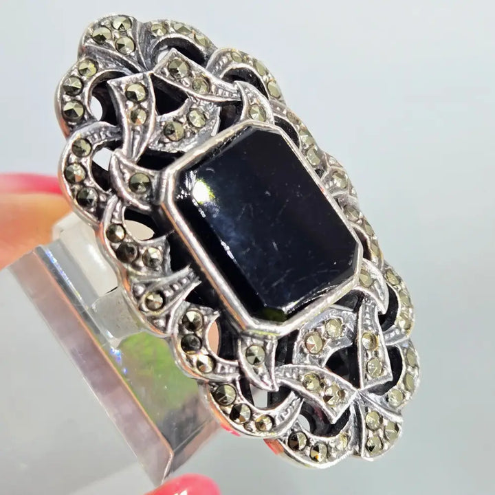 ?GIlded Cage’ Sz 8.25 Ring - Onyx Marcasite Sterling