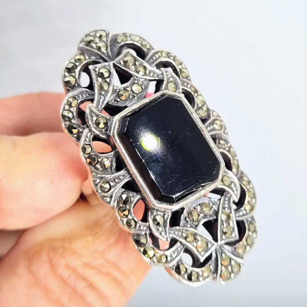 ?GIlded Cage’ Sz 8.25 Ring - Onyx Marcasite Sterling