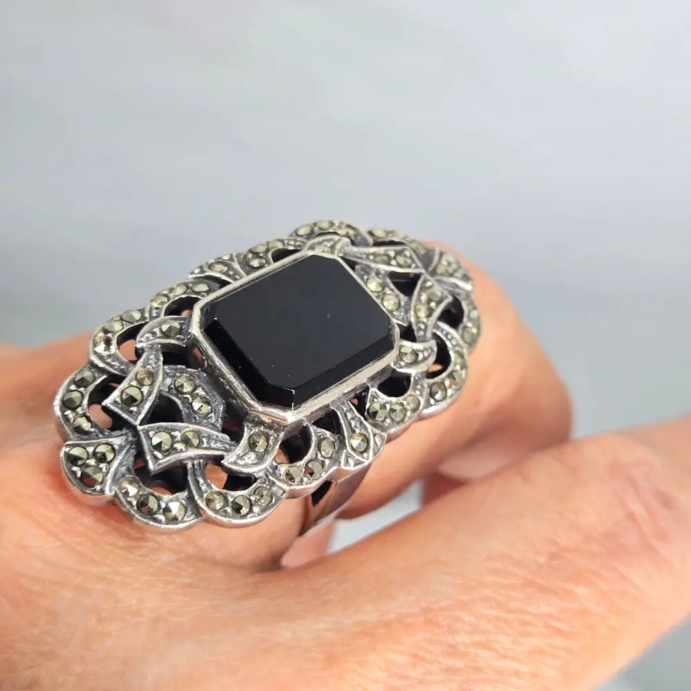 ?GIlded Cage’ Sz 8.25 Ring - Onyx Marcasite Sterling