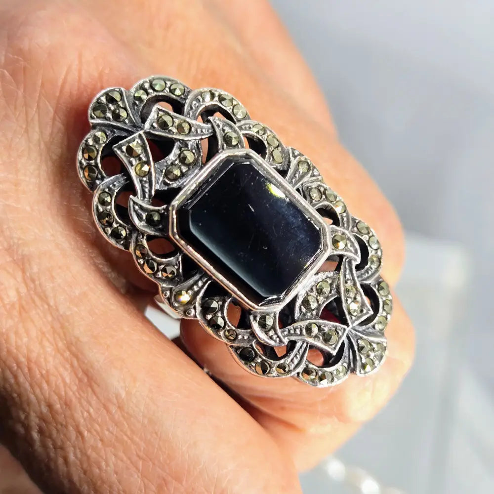 ?GIlded Cage’ Sz 8.25 Ring - Onyx Marcasite Sterling