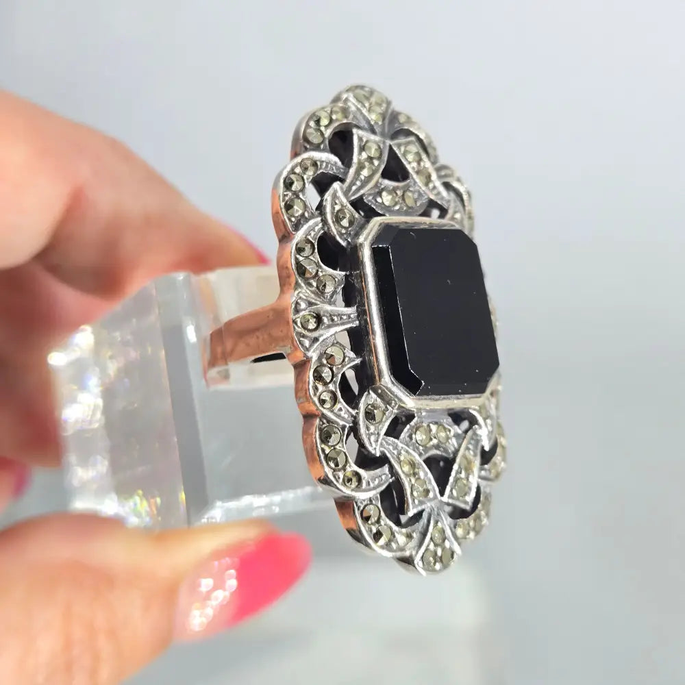 ?GIlded Cage’ Sz 8.25 Ring - Onyx Marcasite Sterling