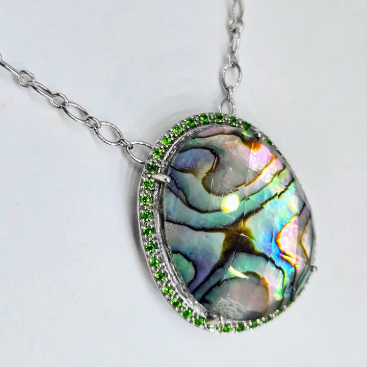 ?GIrl Paua!’ Pendant Necklace - Paua Shell Quartz Chrome Diopside Anti-tarnish Sterling