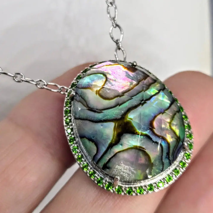 ?GIrl Paua!’ Pendant Necklace - Paua Shell Quartz Chrome Diopside Anti-tarnish Sterling